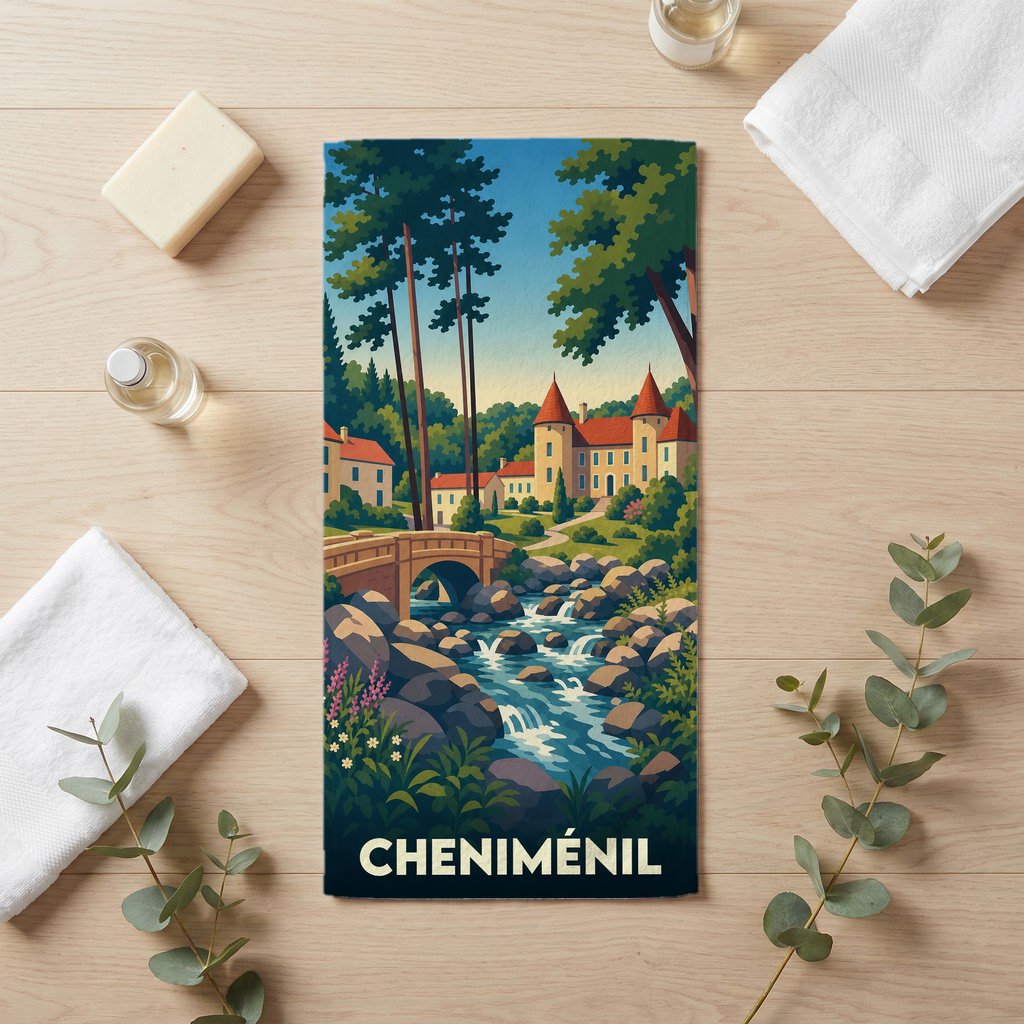 Serviette de bain souvenir de la ville de Cheniménil avec une illustration stylisée d'un paysage de campagne.