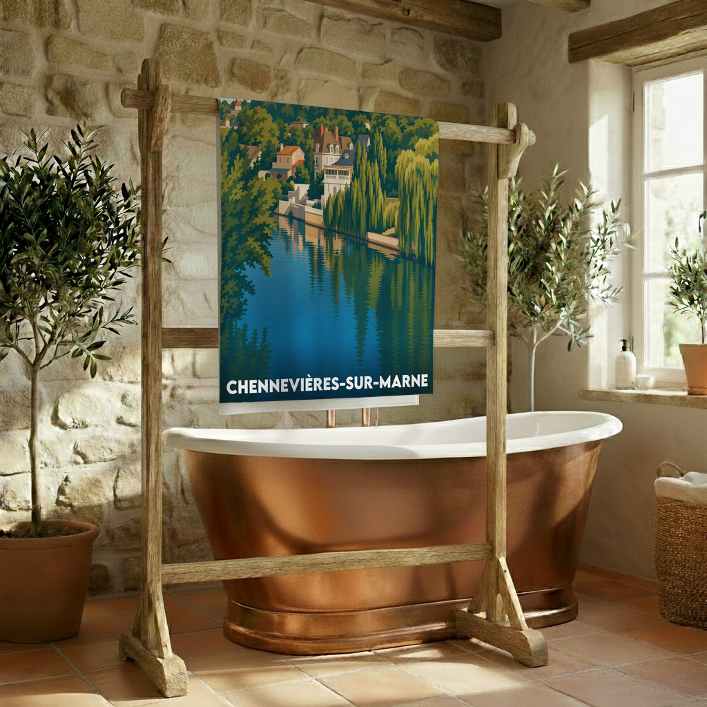 Serviette de bain souvenir de la ville de Chennevières-sur-Marne avec une illustration stylisée.