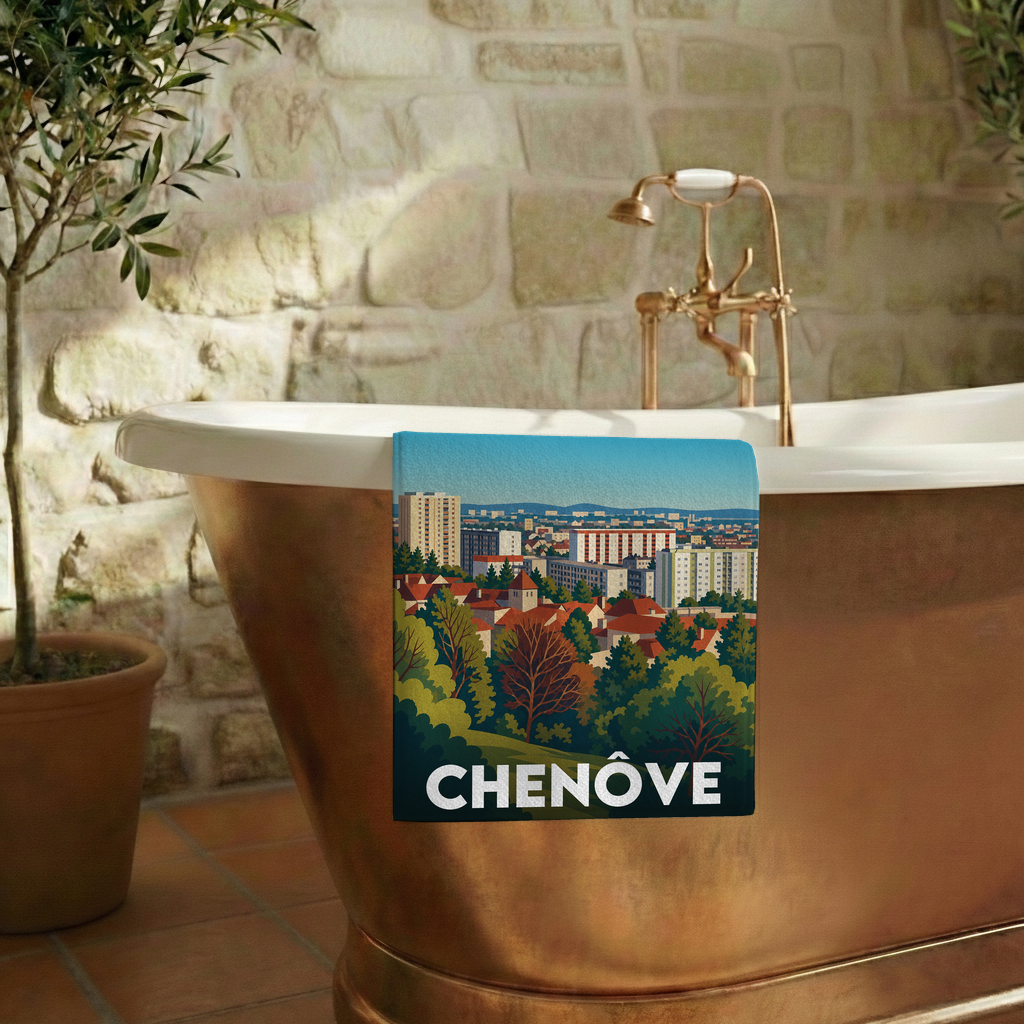 Serviette de bain souvenir de la ville de Chenôve avec une illustration stylisée.