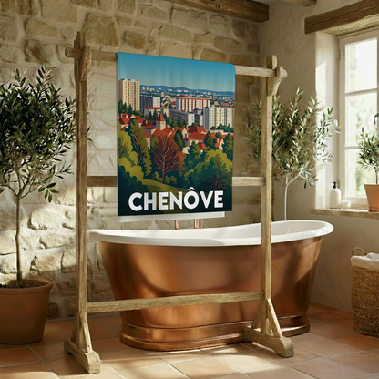 Serviette de bain souvenir de la ville de Chenôve avec une illustration stylisée.