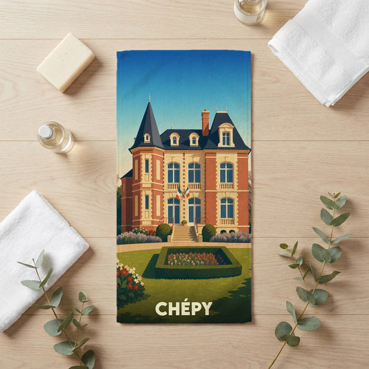 Serviette de bain souvenir de la ville de Chépy illustrée d'un château de style classique.