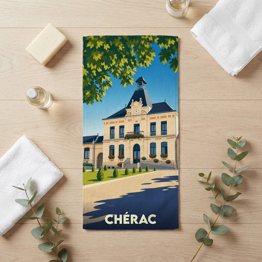Serviette de bain souvenir de la ville de Chérac avec une illustration stylisée de sa mairie.
