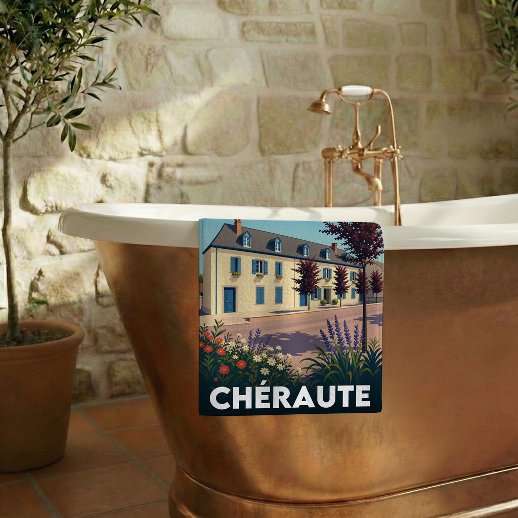 Serviette de bain souvenir de la ville de Chéraute avec une illustration stylisée.