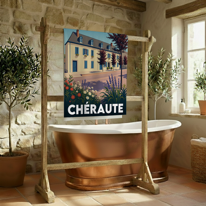Serviette de bain souvenir de la ville de Chéraute avec une illustration stylisée.