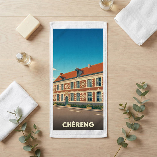 Serviette de bain souvenir de la ville de Chéreng avec une illustration stylisée de son architecture.