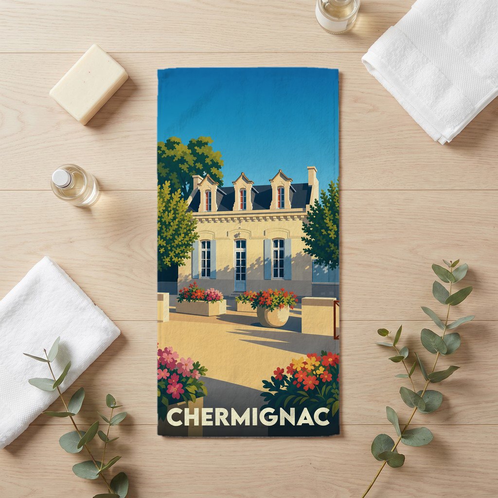 Serviette de bain souvenir de la ville de Chermignac avec une illustration stylisée.