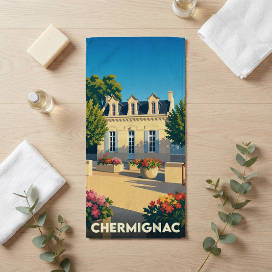 Serviette de bain souvenir de la ville de Chermignac avec une illustration stylisée.