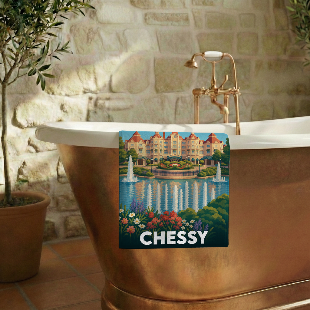 Serviette de bain souvenir de la ville de Chessy avec une illustration stylisée d'un palais et de fontaines.