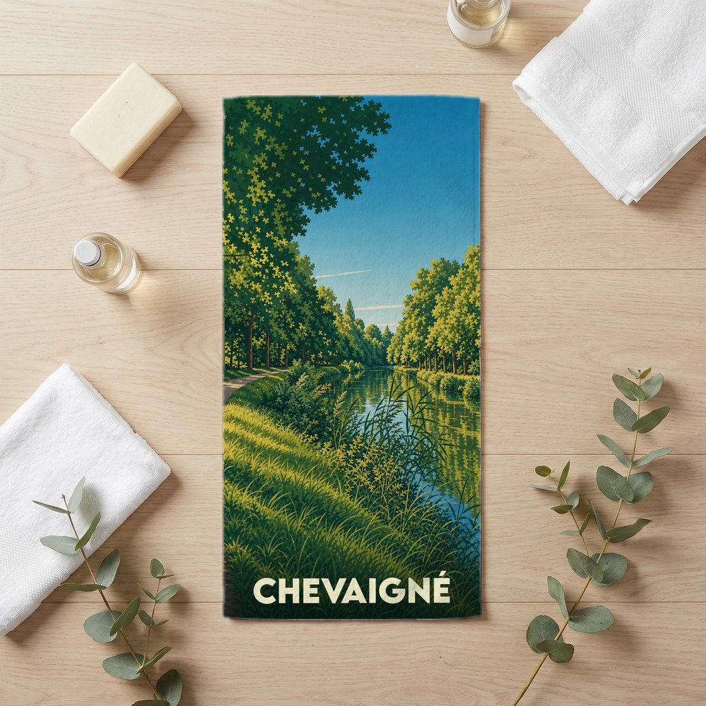 Serviette de bain souvenir de la ville de Chevaigné avec une illustration stylisée d'un canal bordé d'arbres.