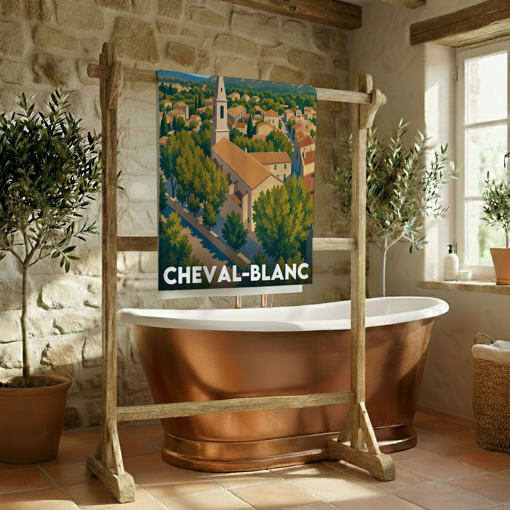 Serviette de bain souvenir de la ville de Cheval-Blanc avec une illustration stylisée.