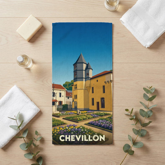 Serviette de bain souvenir de la ville de Chevillon avec une illustration stylisée de son patrimoine.