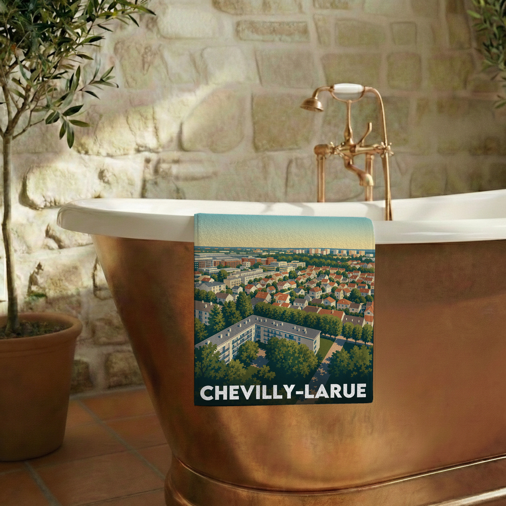 Serviette de bain souvenir de la ville de Chevilly-Larue avec une illustration stylisée.