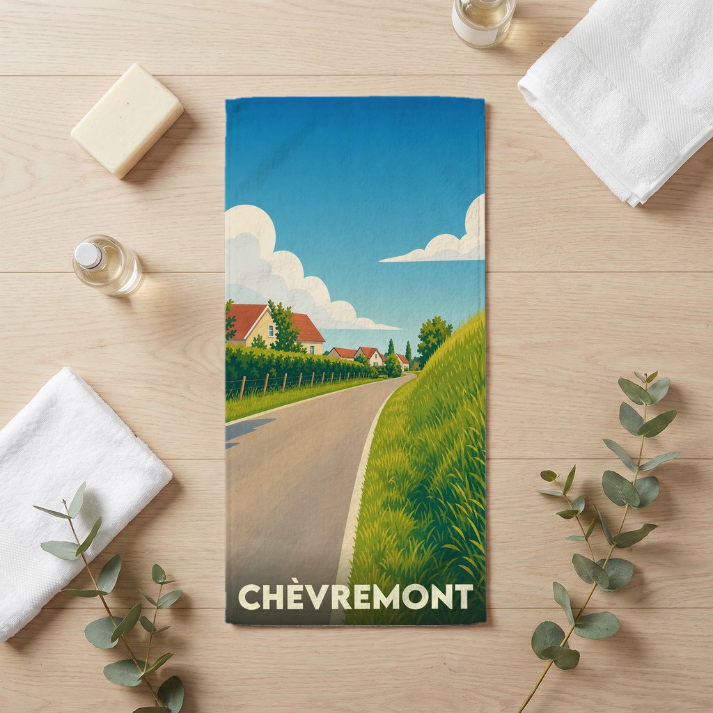 Serviette de bain souvenir de la ville de Chèvremont avec une illustration paysagère stylisée.