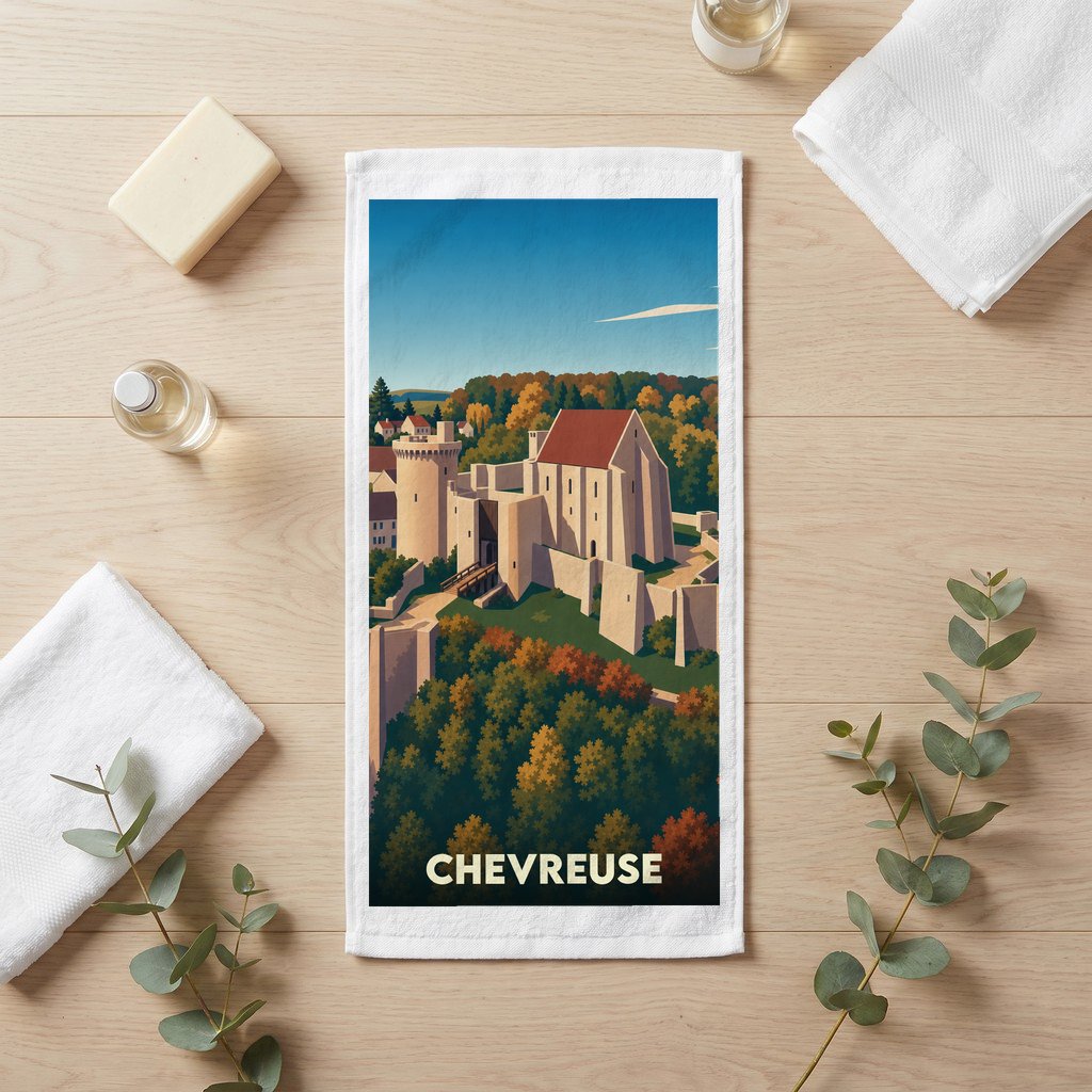 Serviette de bain souvenir de la ville de Chevreuse avec une illustration stylisée de son château.
