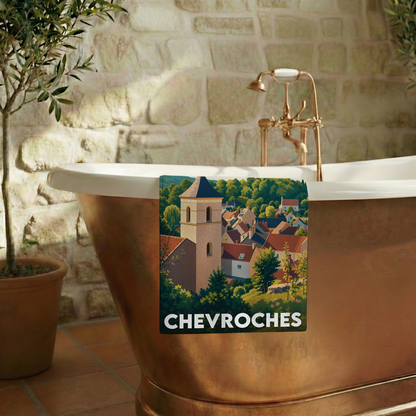 Serviette de bain souvenir de la ville de Chevroches avec une illustration stylisée.