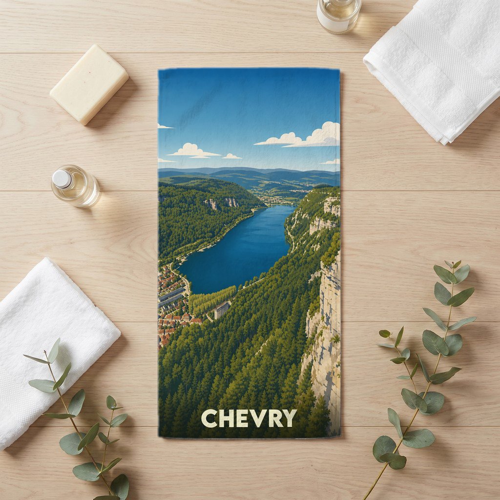 Serviette de bain souvenir de la ville de Chevry avec une illustration de paysage montagneux.