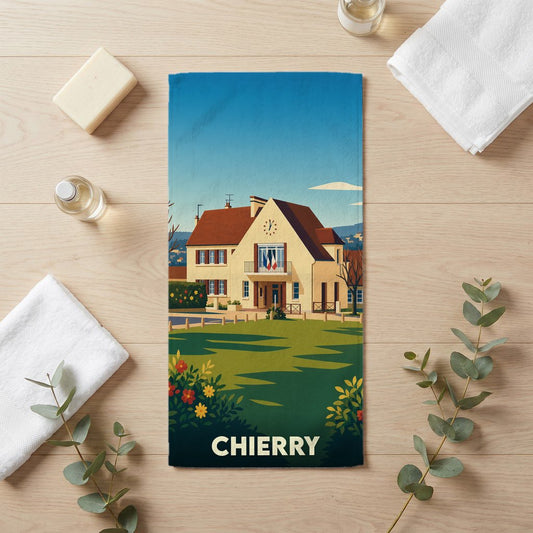 Serviette de bain souvenir de la ville de Chierry ornée d'une illustration stylisée de son hôtel de ville.