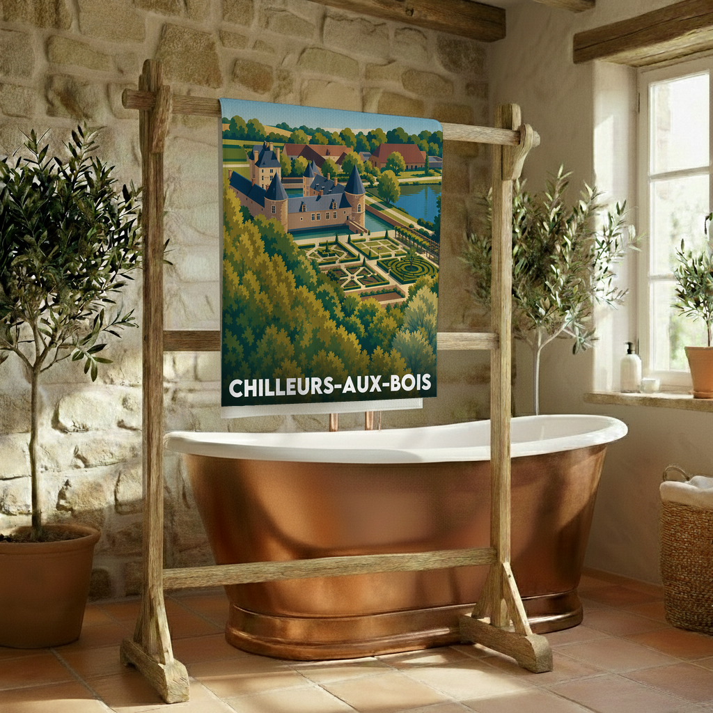 Serviette de bain souvenir de la ville de Chilleurs-aux-Bois avec une illustration stylisée de son château et de ses jardins.