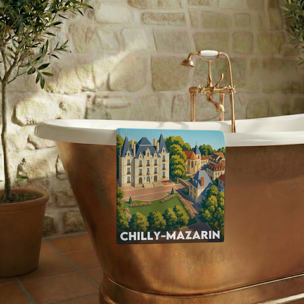 Serviette de bain souvenir de la ville de Chilly-Mazarin avec une illustration stylisée.
