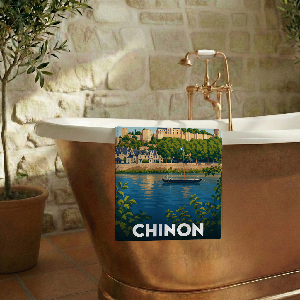 Serviette de bain souvenir de la ville de Chinon avec une illustration stylisée.