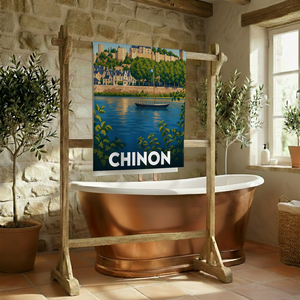Serviette de bain souvenir de la ville de Chinon ornée d'une illustration stylisée du château et de la Vienne.