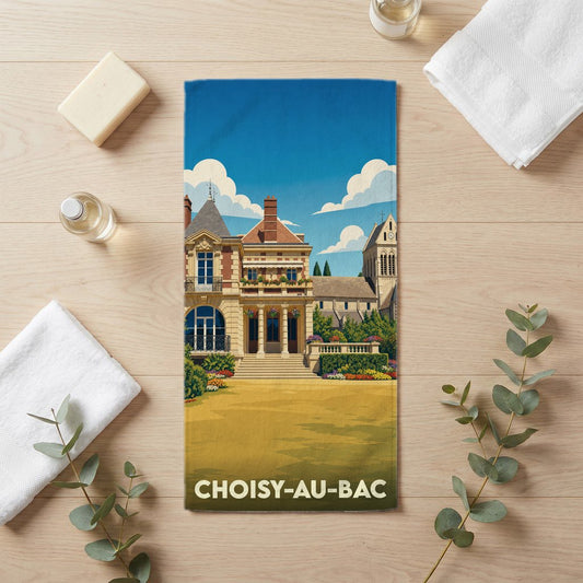 Serviette de bain souvenir de la ville de Choisy-au-Bac avec une illustration stylisée de son architecture.