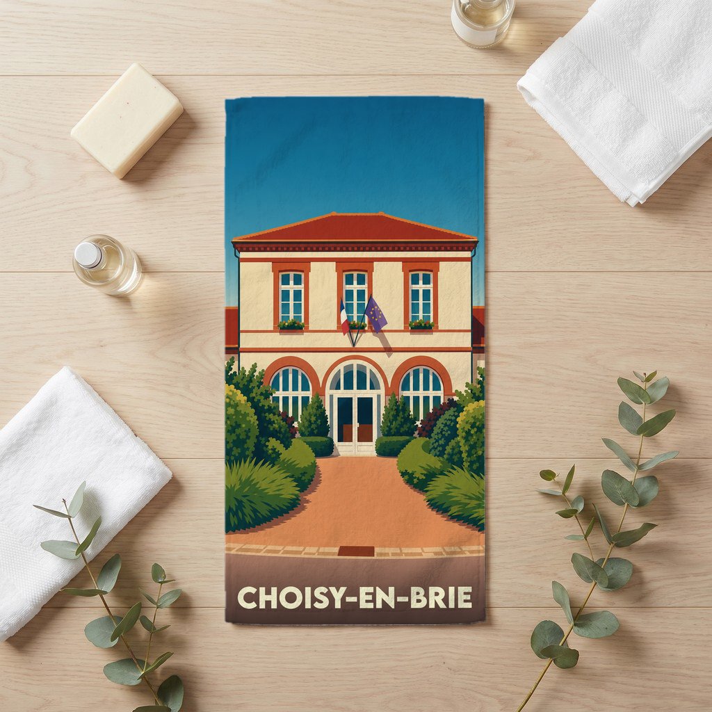 Serviette de bain souvenir de la ville de Choisy-en-Brie avec une illustration stylisée de sa mairie.