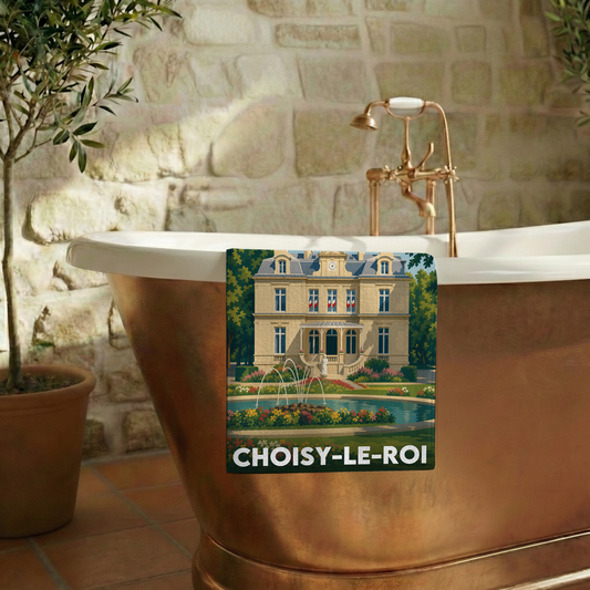 Serviette de bain souvenir de la ville de Choisy-le-Roi avec une illustration stylisée.