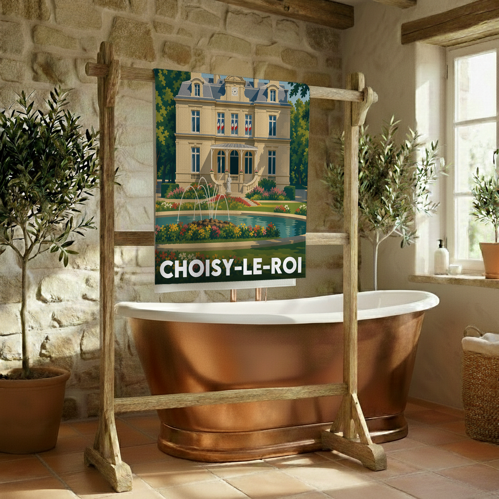 Serviette de bain souvenir de la ville de Choisy-le-Roi avec une illustration stylisée d'un château et d'une fontaine.