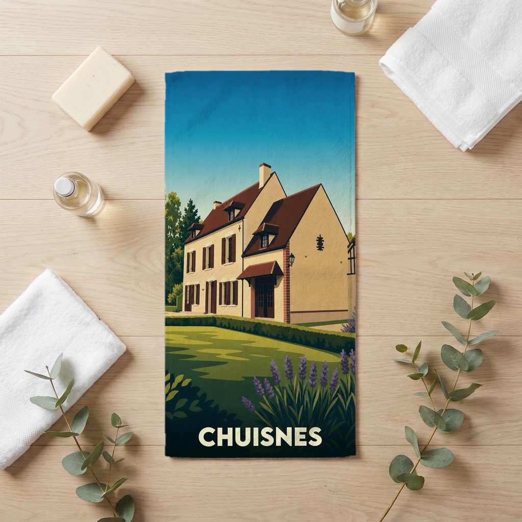 Serviette de bain souvenir de la ville de Chuisnes avec une illustration stylisée d'une maison régionale.