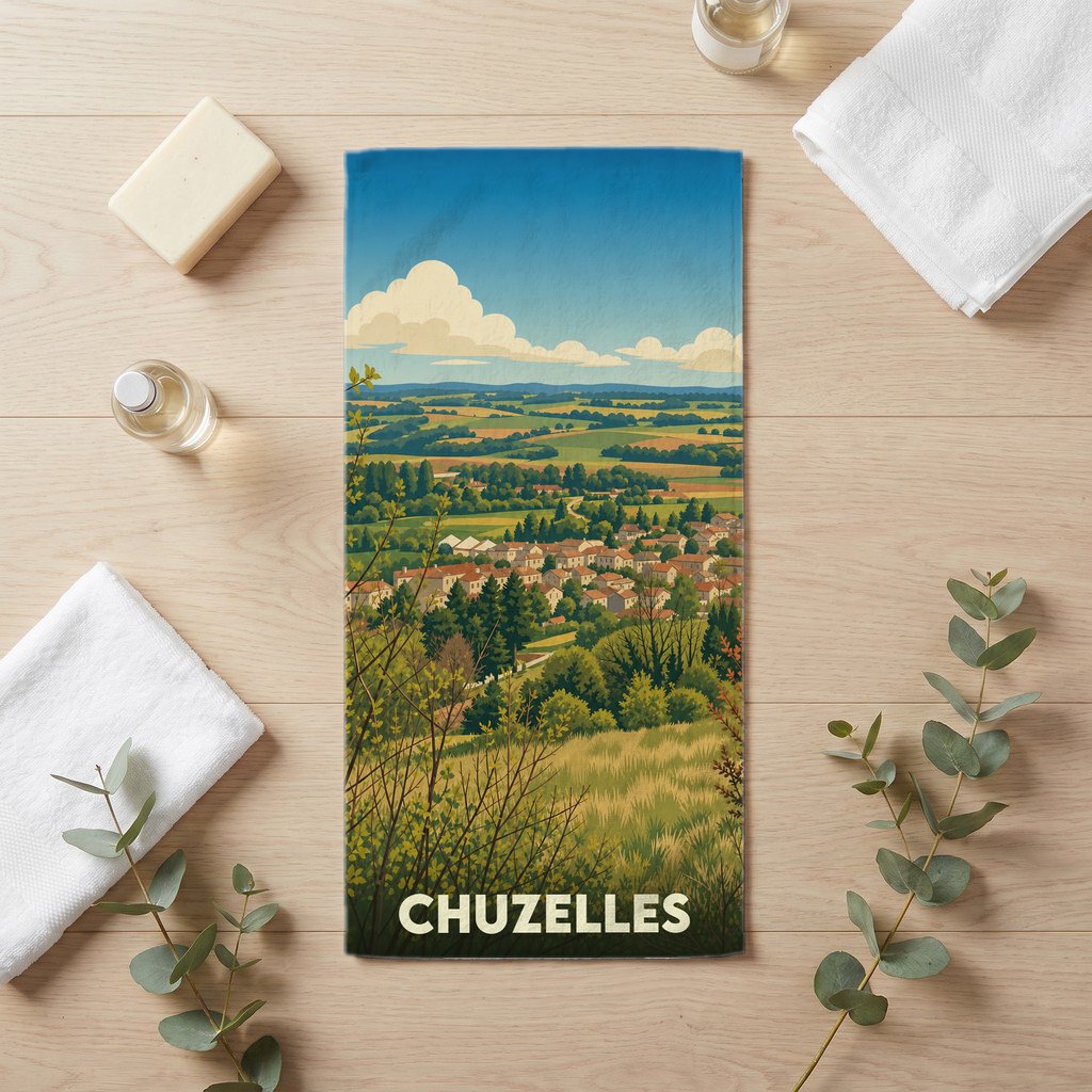 Serviette de bain souvenir de la ville de Chuzelles illustrée d'un paysage de campagne vallonné.