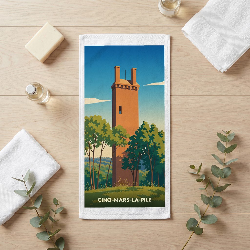 Serviette de bain souvenir de la ville de Cinq-Mars-la-Pile avec une illustration stylisée de son monument historique.