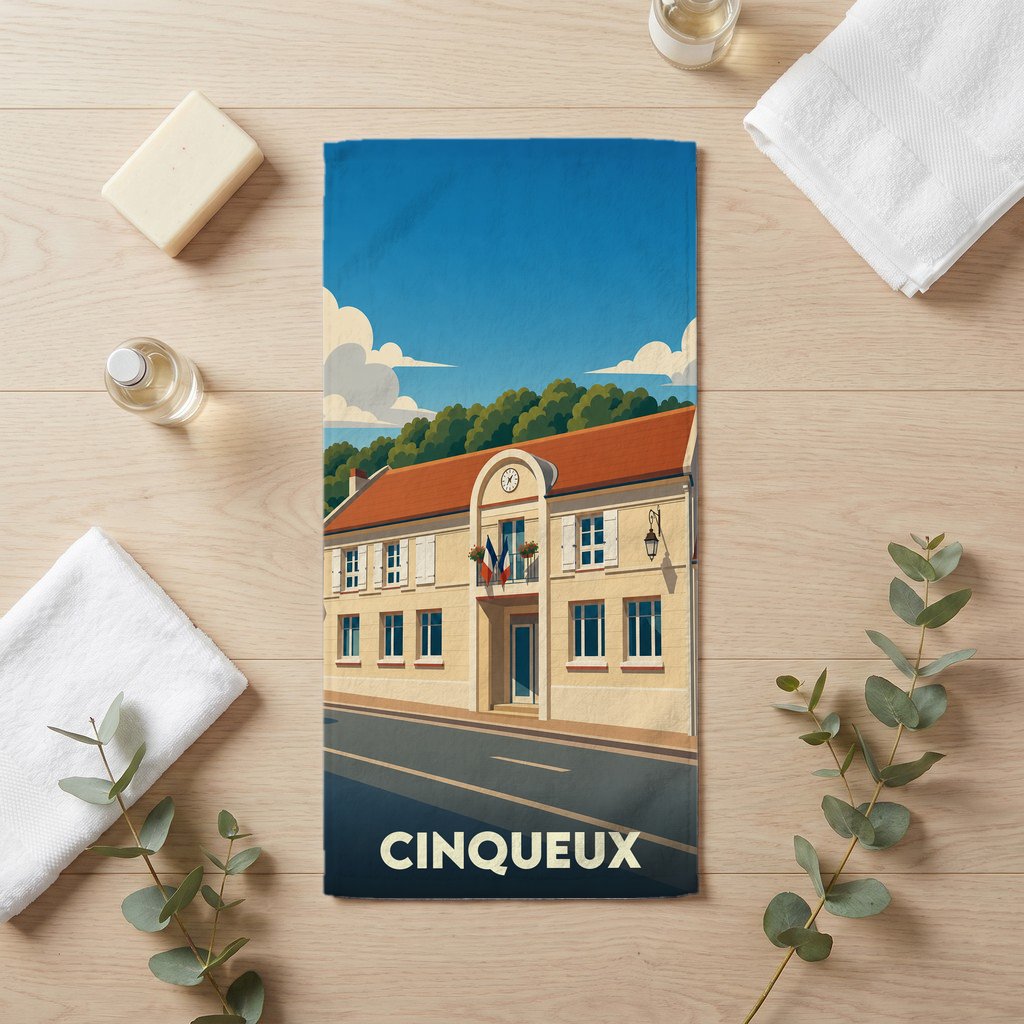 Serviette de bain souvenir de la ville de Cinqueux ornée d'une illustration stylisée de sa mairie.