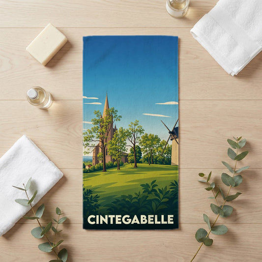 Serviette de bain souvenir de la ville de Cintegabelle avec une illustration stylisée.