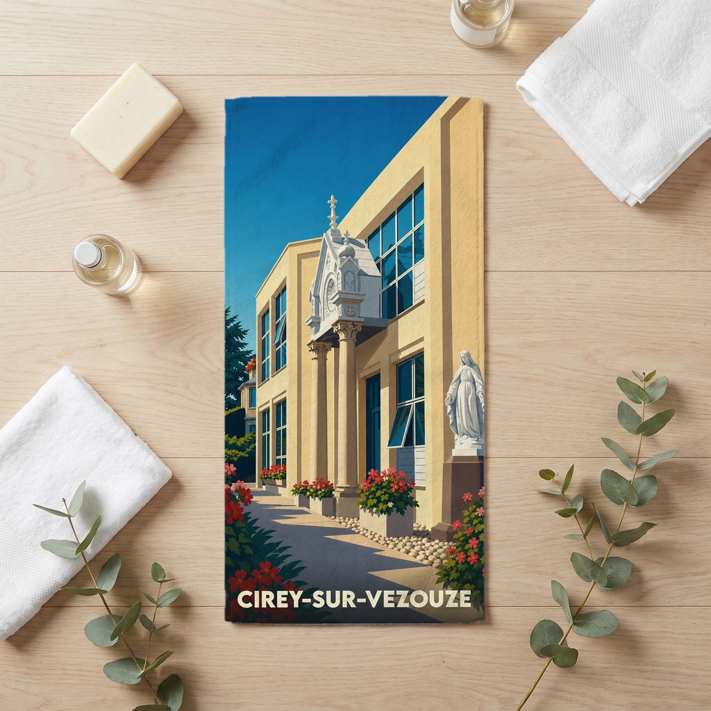 Serviette de bain souvenir de la ville de Cirey-sur-Vezouze avec une illustration stylisée.