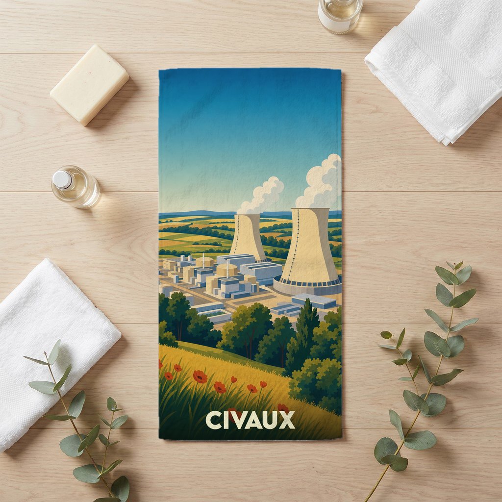 Serviette de bain souvenir de la ville de Civaux avec une illustration stylisée de sa centrale nucléaire.