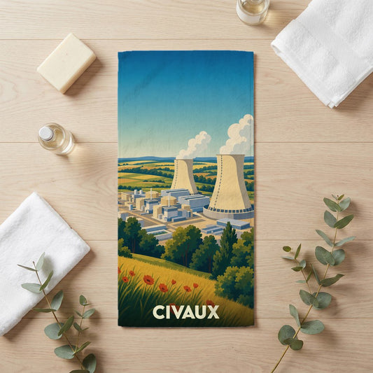 Serviette de bain souvenir de la ville de Civaux avec une illustration stylisée de sa centrale nucléaire.