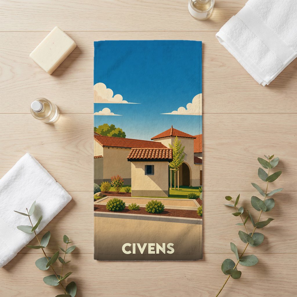 Serviette de bain souvenir de la ville de Civens avec une illustration stylisée.