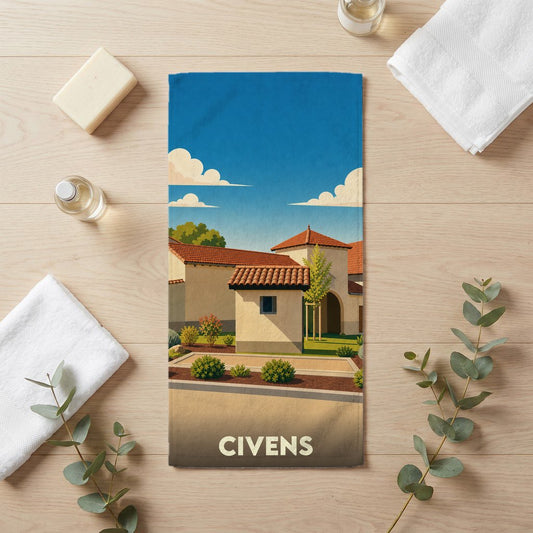 Serviette de bain souvenir de la ville de Civens avec une illustration stylisée.