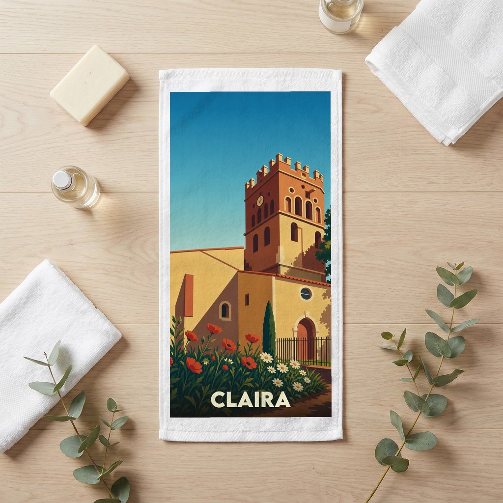 Serviette de bain souvenir de la ville de Claira avec une illustration stylisée.