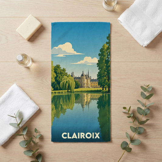 Serviette de bain souvenir de la ville de Clairoix avec une illustration stylisée d'un château se reflétant dans l'eau.