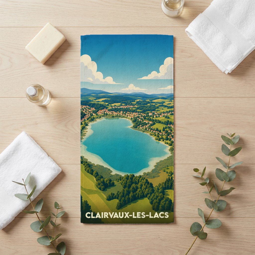Serviette de bain souvenir de la ville de Clairvaux-les-Lacs avec une illustration stylisée de son lac et de ses paysages.