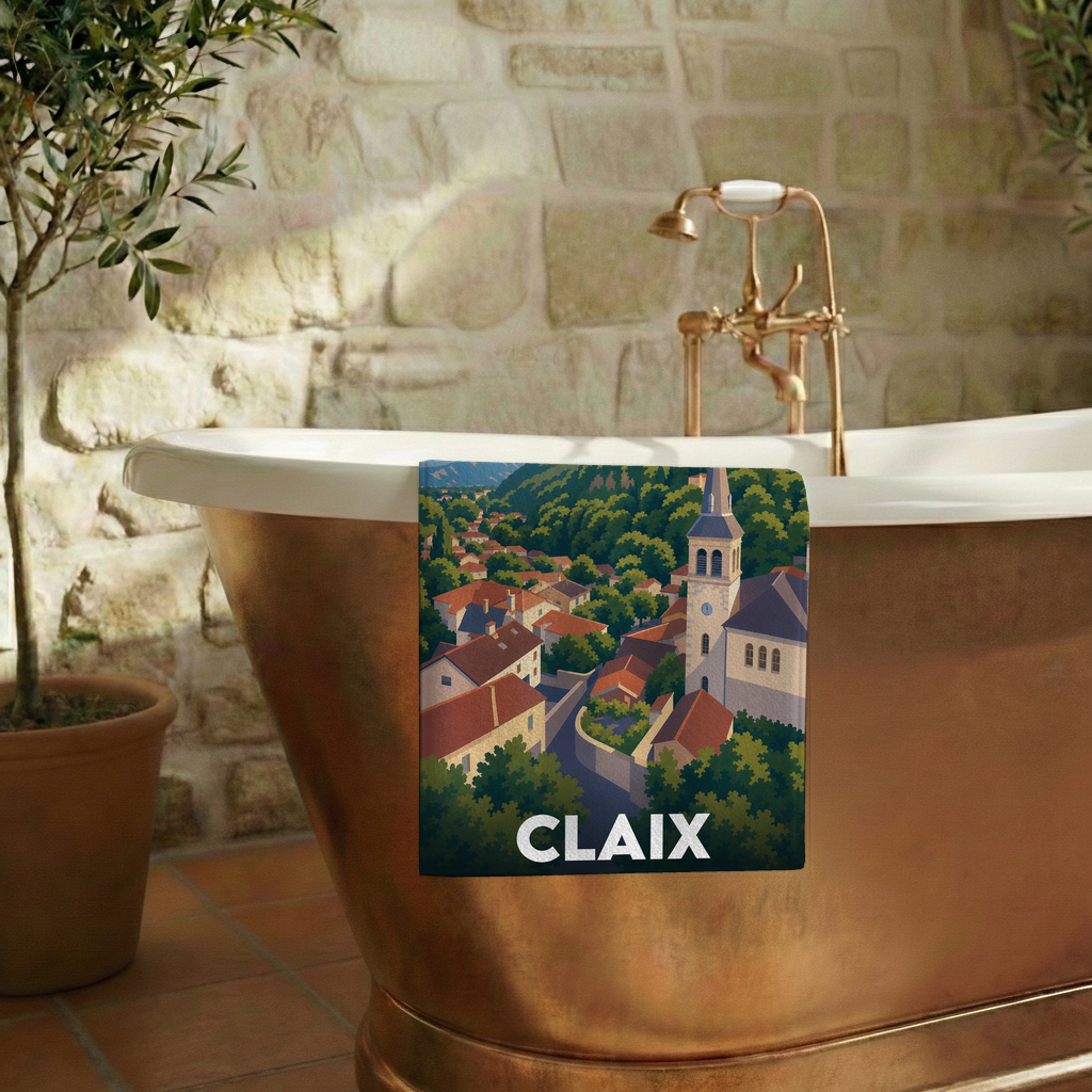 Serviette de bain souvenir de la ville de Claix avec une illustration stylisée.