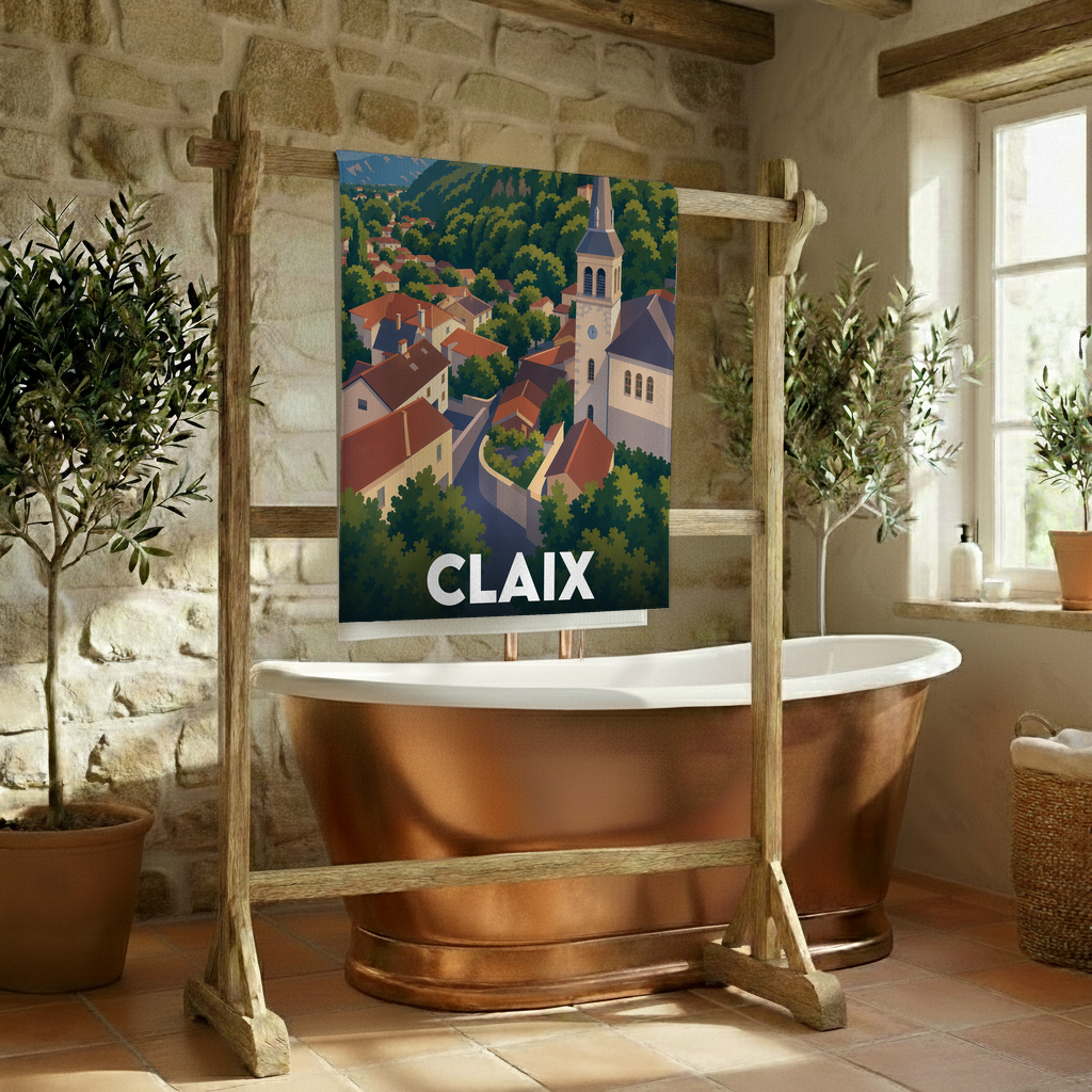 Serviette de bain souvenir de la ville de Claix ornée d'une illustration stylisée de ses paysages et de son église.
