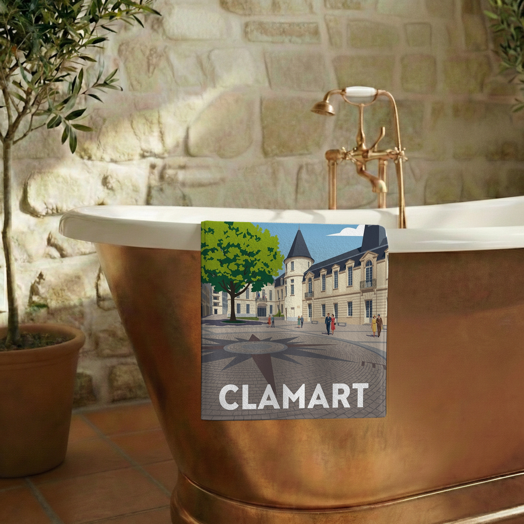 Serviette de bain souvenir de la ville de Clamart avec une illustration stylisée.