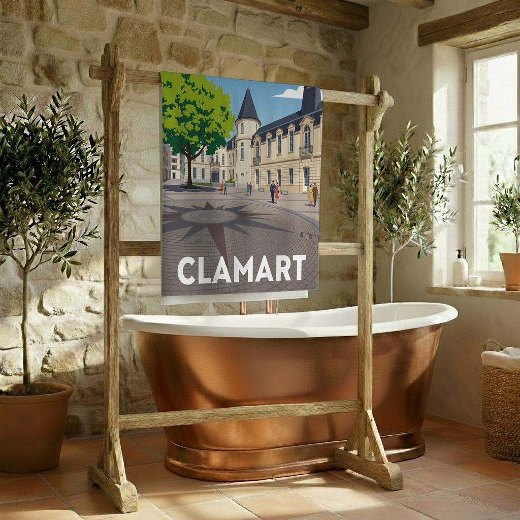 Serviette de bain souvenir de la ville de Clamart avec une illustration stylisée.