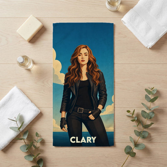 Serviette de bain souvenir de la ville de Clary avec une illustration de personnage stylisée.