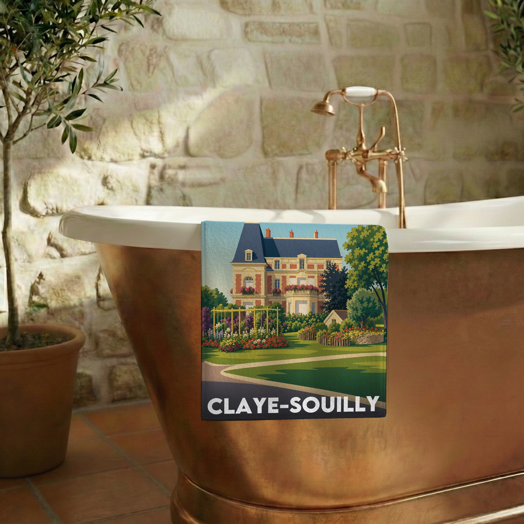Serviette de bain souvenir de la ville de Claye-Souilly avec une illustration stylisée d'un manoir et de ses jardins.