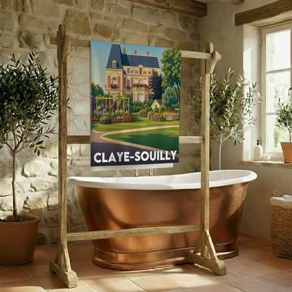 Serviette de bain souvenir de la ville de Claye-Souilly avec une illustration stylisée.