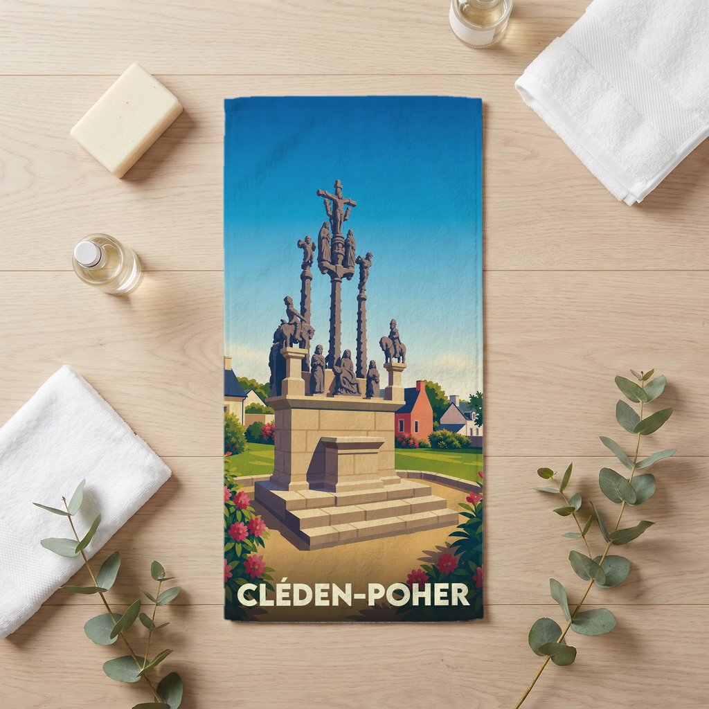 Serviette de bain souvenir de la ville de Cléden-Poher avec une illustration stylisée de son calvaire monumental.